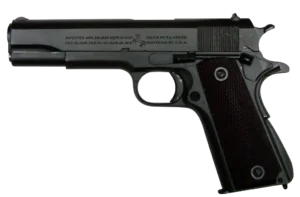 An image of a Colt M1911 semi-automatic pistol with a dark finish, brown grip panels, and visible markings on the slide.