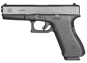 Image of a Glock pistol with a black finish, featuring a textured grip and the word 