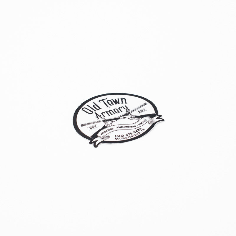 Circular logo with text "Old Town Armory" and "Guns - Ammunition - Accessories" on a white background. There's a banner underneath with a phone number.