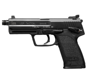 A black H&K USP Tactical 9mm semi-automatic handgun, shown from the right side, with textured grip and visible markings on the slide.